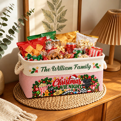 Christmas Movie Night Basket - Supplies Snack Storage Basket With Handles - Personalized Storage Basket