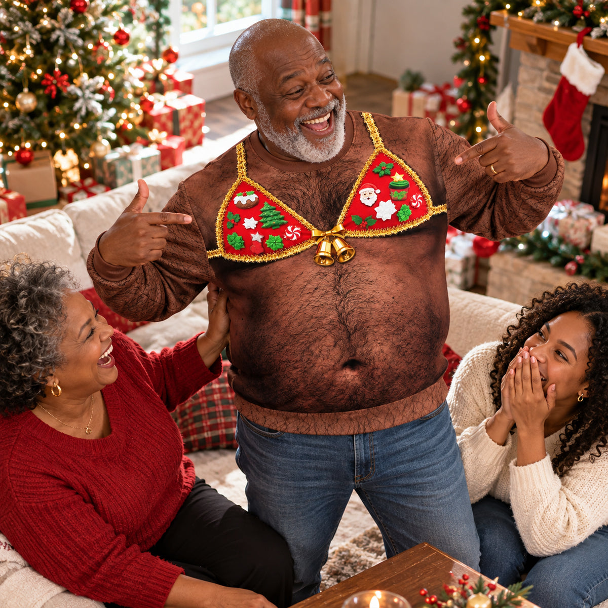 Funny Hairy Chest Christmas Bikini Sweatshirt, Ugly Christmas Sweater, Hilarious Adult Holiday Party Gift