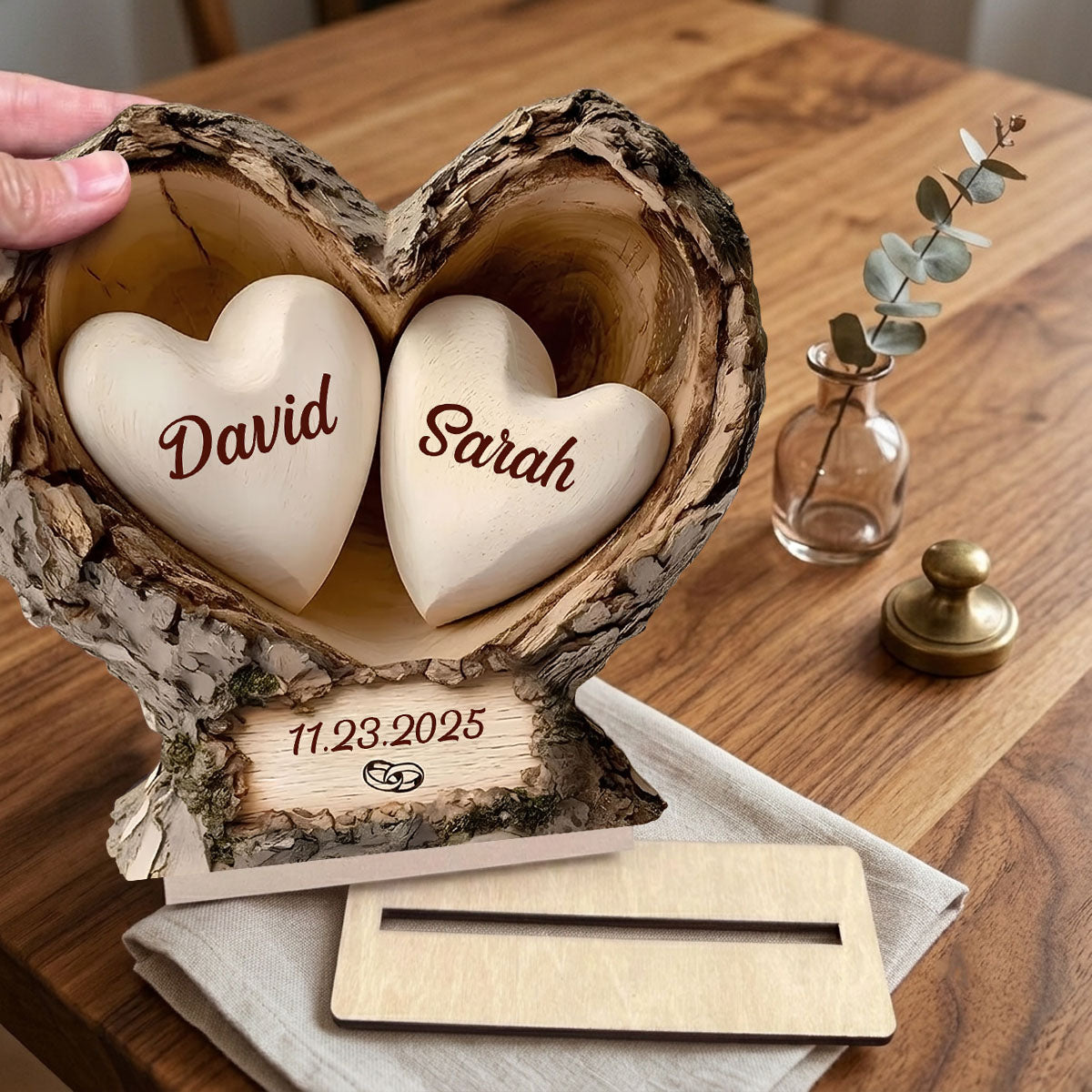 Personalized Wooden Heart Tree Keepsake with Custom Names & Date