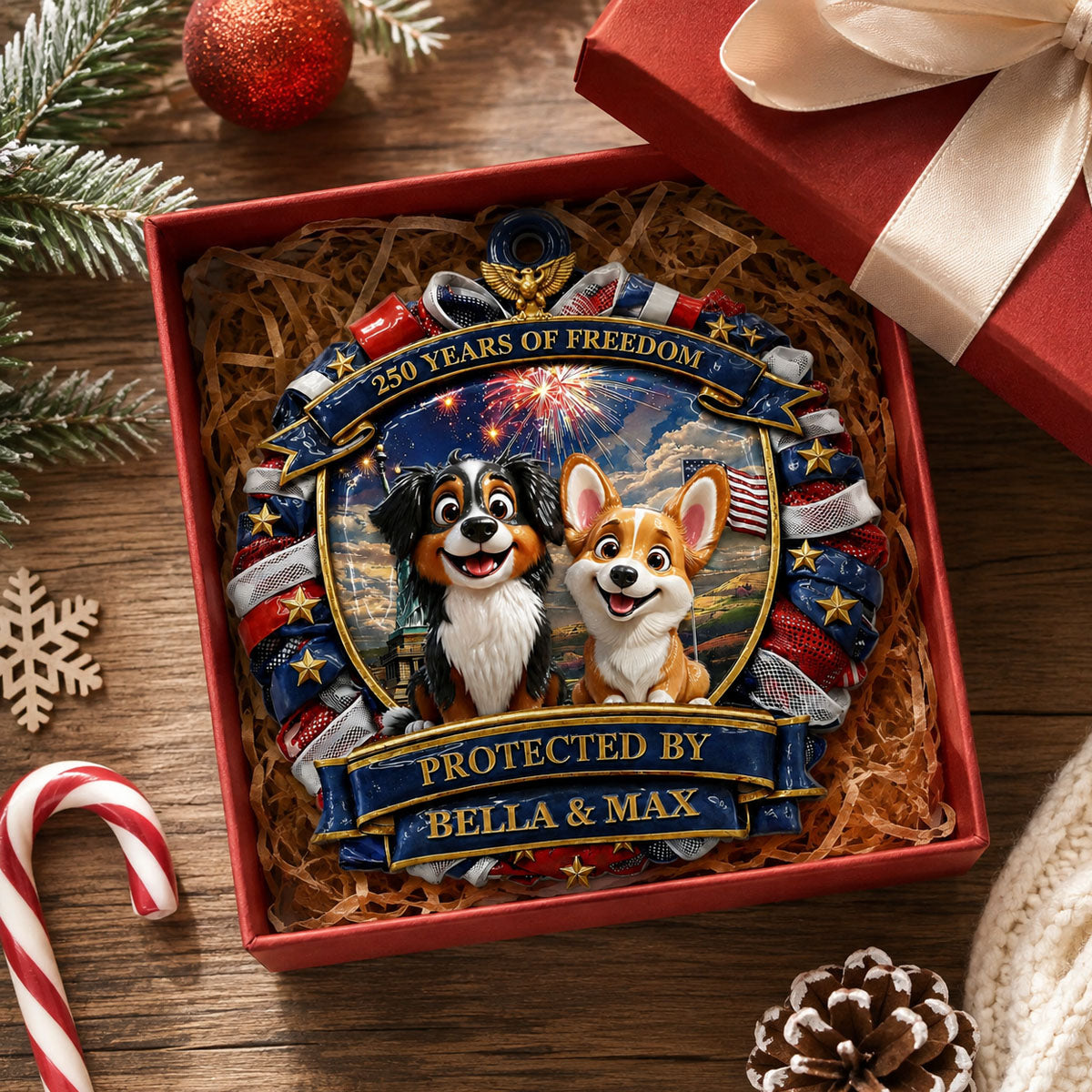 America Dog Lovers 250 Ornament - Patriotic Family Ornament - Real 3D Raised Ornament