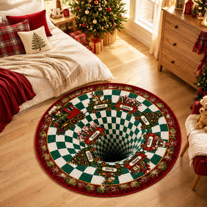 Christmas Train Family - 3D Round Rug, Floor Mat, Xmas Home Decor, Christmas Gift