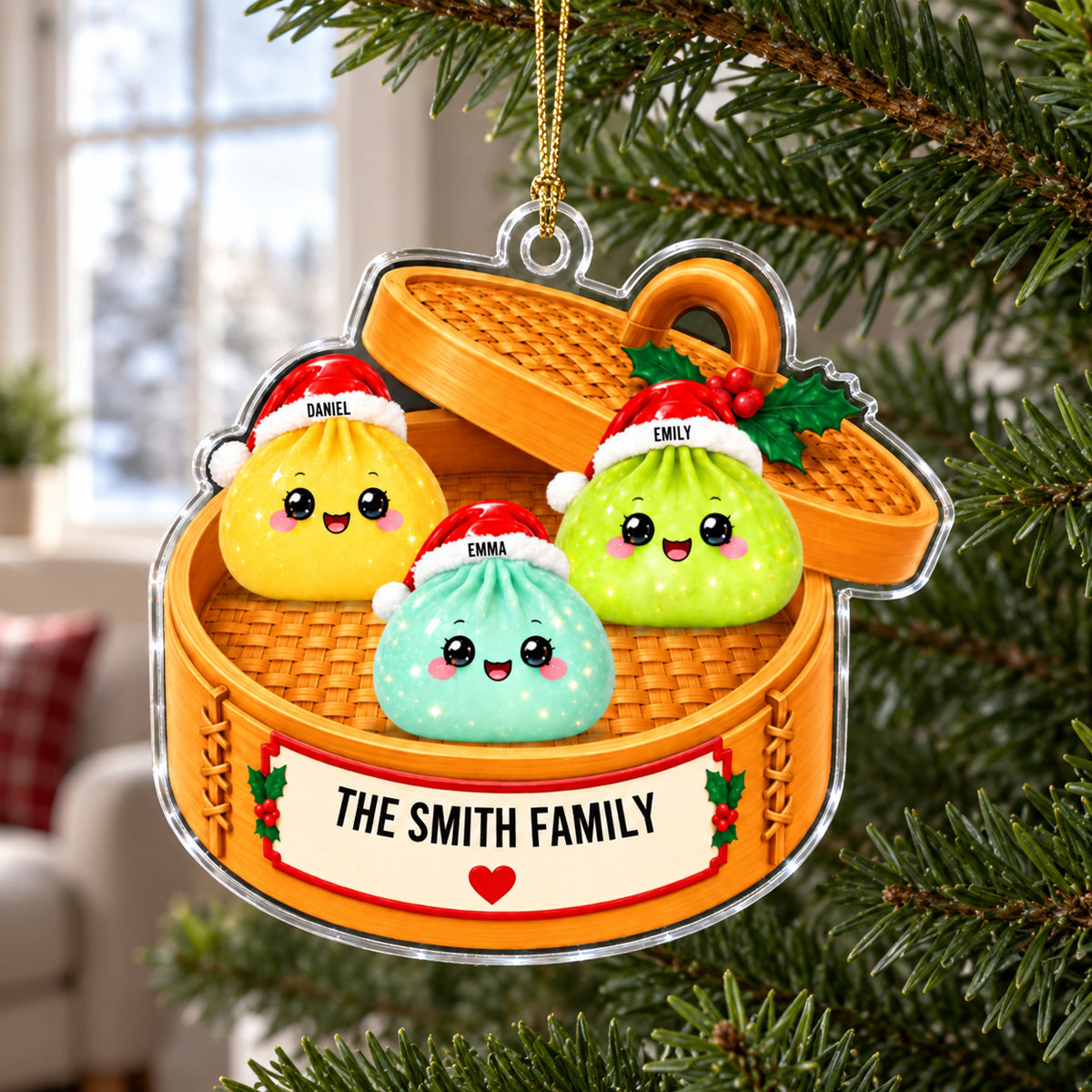 Personalized Glitter Dumpling Ornament, Dim Sum Acrylic Family Ornament
