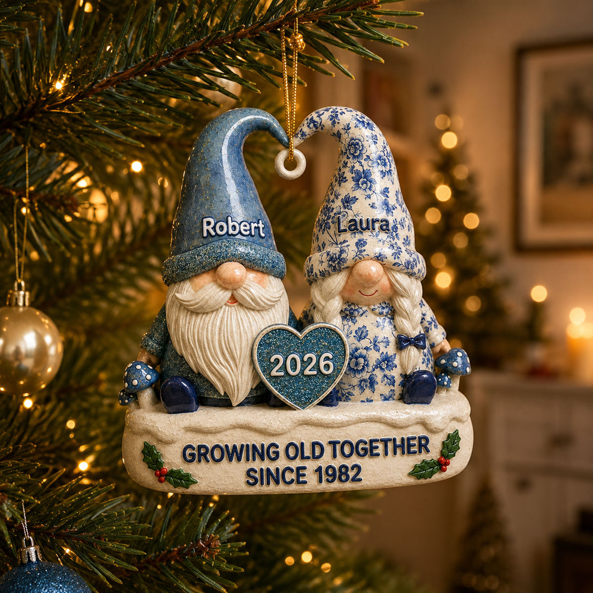 Vintage Floral Toile De Jouy Pattern Gnome Couple - Real 3D Raised Ornament