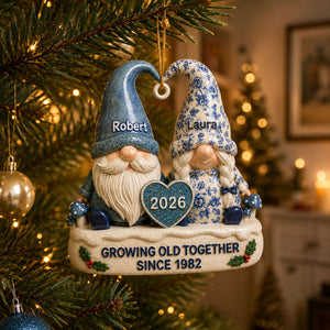 Vintage Floral Toile De Jouy Pattern Gnome Couple - Real 3D Raised Ornament