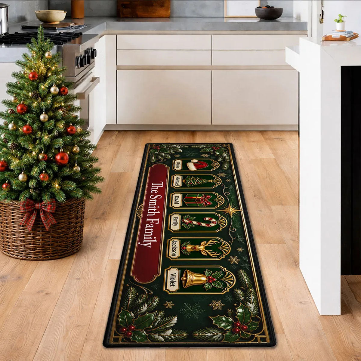 Jolly Jingle Gift Hat Runner Rug, Personalized Holiday Kitchen Mat, Home Xmas Gift