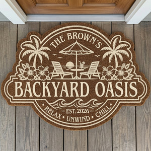Welcome To Our Happy Place - Custom Poolside Shaped Doormat - Personalized Summer Vacation And Travel Gifts
