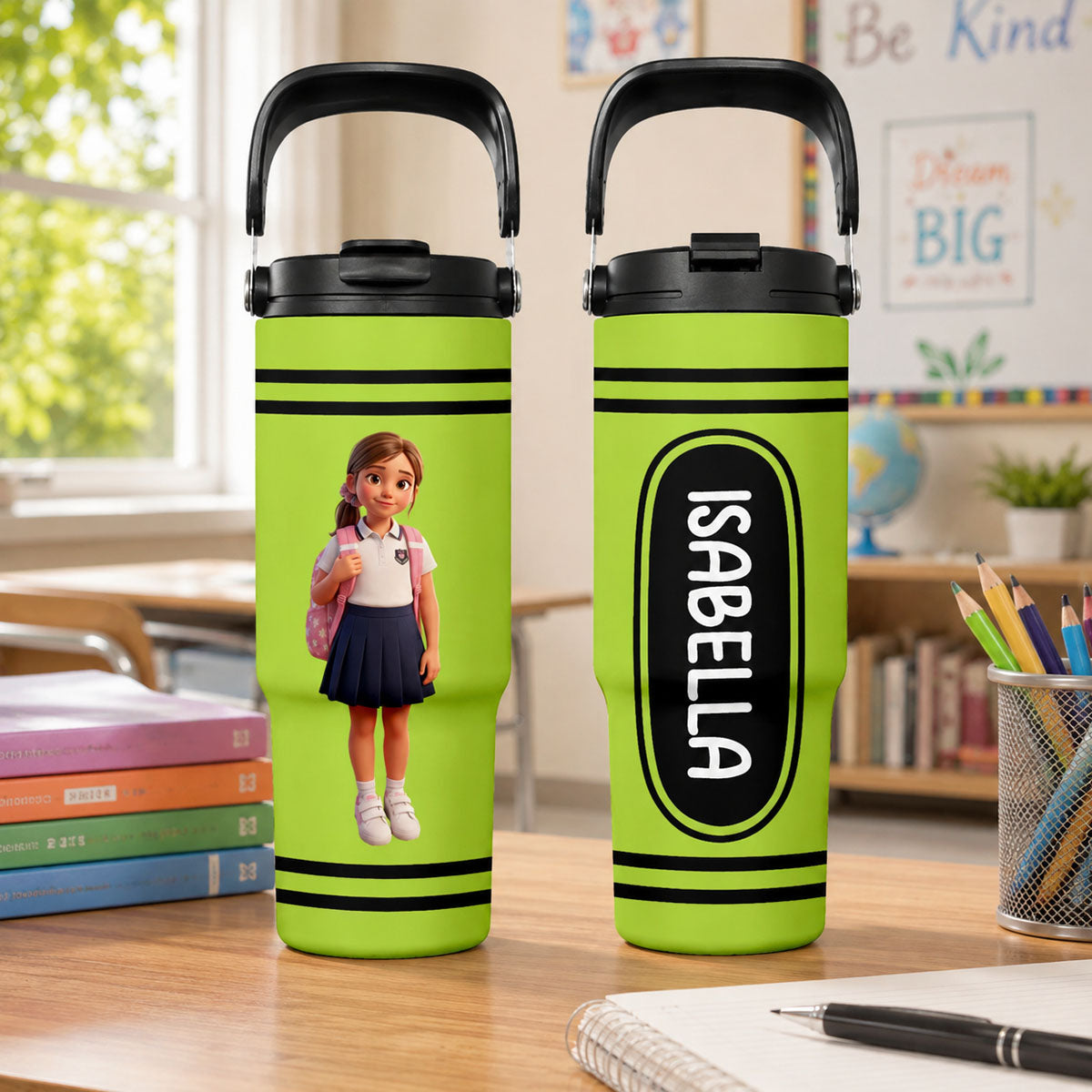 Custom Photo Cartoon Portrait Kid With Colorful Crayons - Personalized Insulated Water Bottle