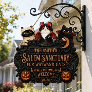 Salem Sanctuary For Wayward Cats Ferals - Personalized Wood Sign - Halloween Decoration, Gift For Cat Lovers