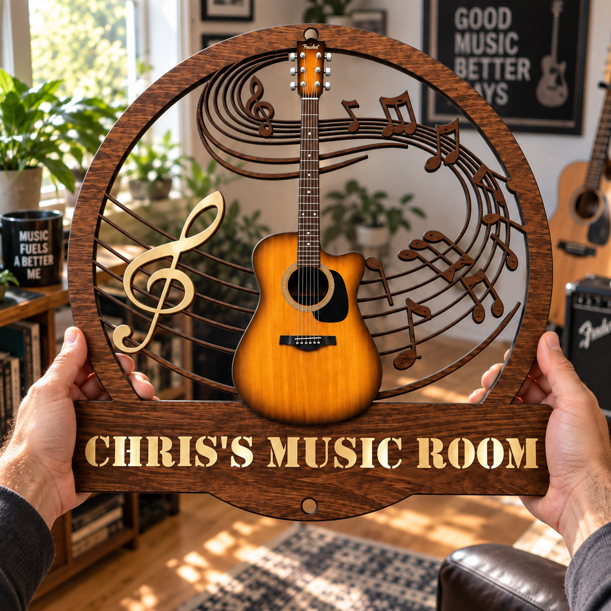 Guitar Music Room, Custom Name & Guitar Type - Personalized Cut Metal Sign
