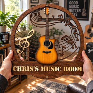Guitar Music Room, Custom Name & Guitar Type - Personalized Cut Metal Sign
