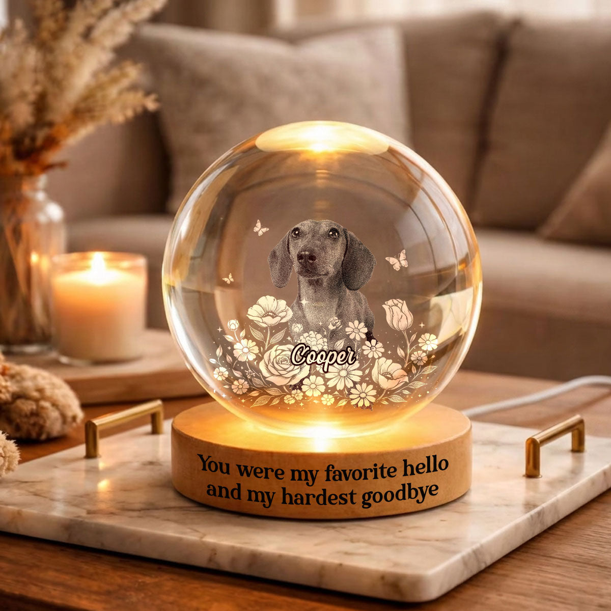 Custom Pet Portrait Crystal Ball LED Night Light - Personalized Memorial Gift for Pet Lovers