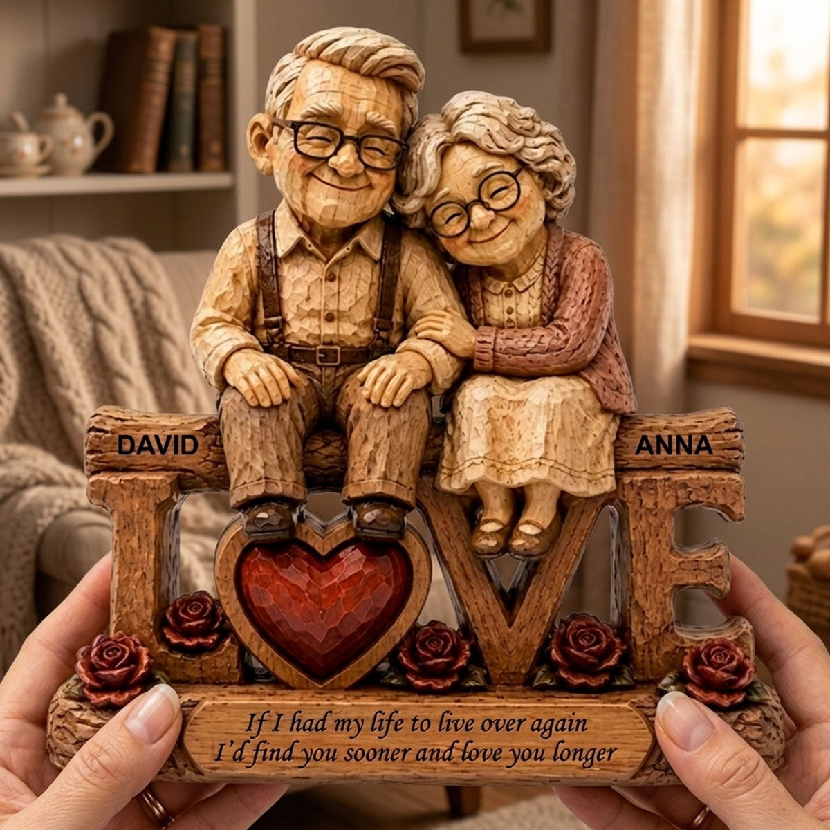Personalized Elderly Couple Figurine | Custom Wooden Love Sculpture | Anniversary Gift for Parents & Grandparents
