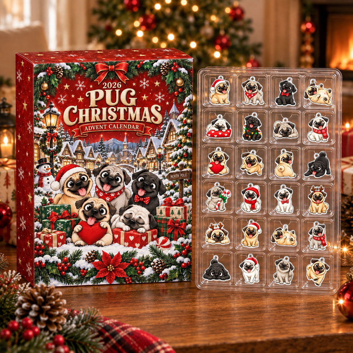 Christmas Pug Advent Calendar 2026 - 24 Day Spirits Countdown, Acrylic Charms Blind Box - Gift For Family