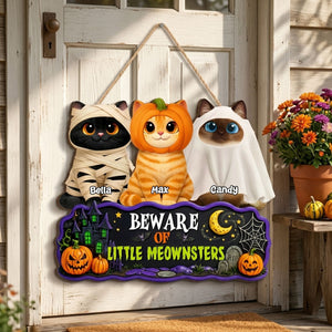 Spooky Halloween Beware of Little Cats Meownsters - Personalized Wood Sign - Halloween Gift For Cat Lovers, Halloween Decor