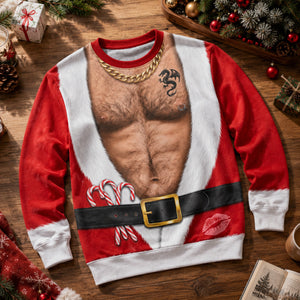 Santa Fake Abs Hairy 3D Sweatshirt, Funny Santa Claus Ugly Christmas Sweatshirt, Gag Gift for Husband, Cute 3D Holiday Sweater