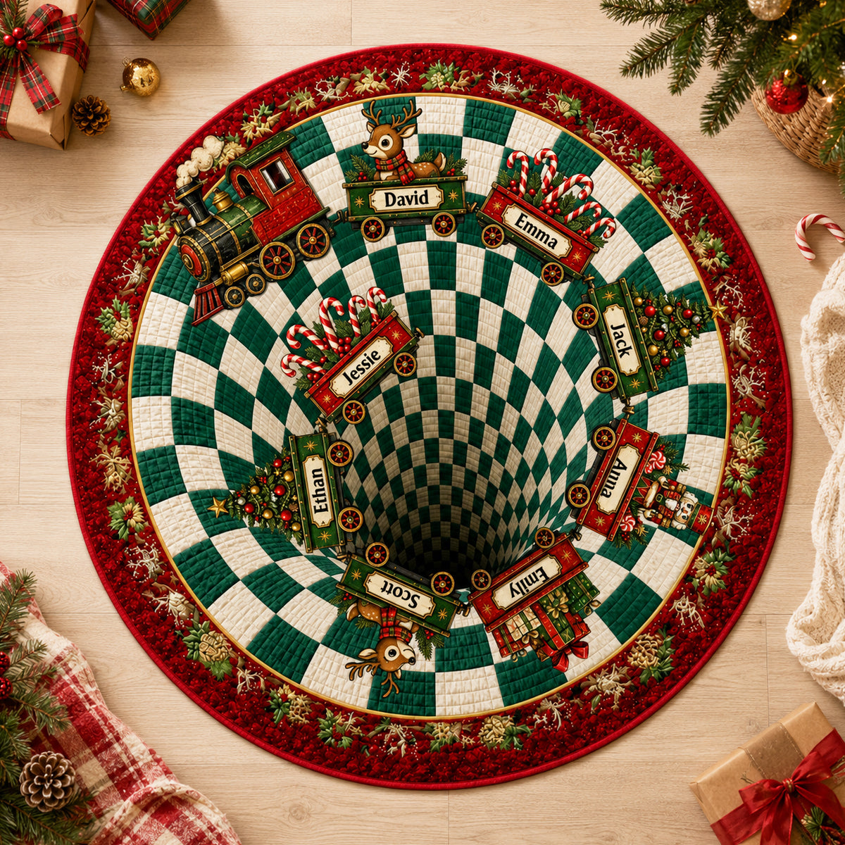 Christmas Train Family - 3D Round Rug, Floor Mat, Xmas Home Decor, Christmas Gift