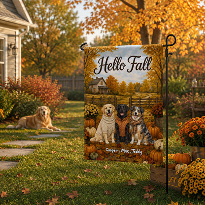 Vintage Dog Cat Hello Fall Photo Upload - Personalized Garden Flag - Fall Season Gift For Dog Mom, Cat Mom