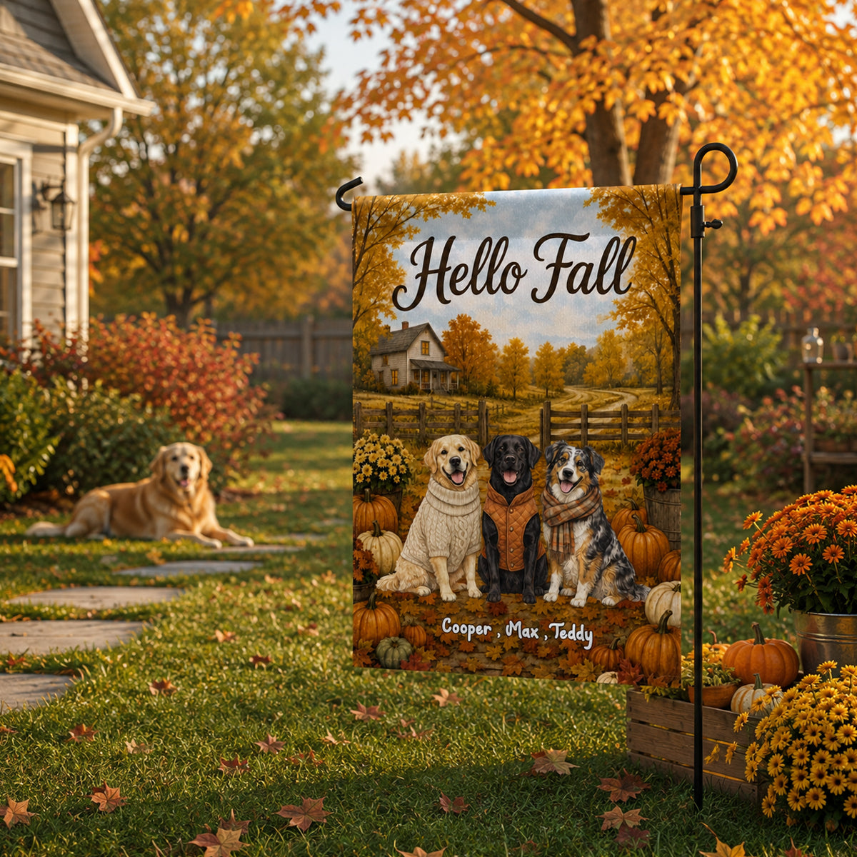 Vintage Dog Cat Hello Fall Photo Upload - Personalized Garden Flag - Fall Season Gift For Dog Mom, Cat Mom