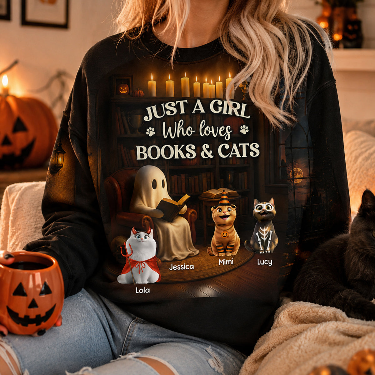 Just a Girl Who Loves Books and Cats Halloween Personalized Sweatshirt, Cozy Fall Sweatshirt for Cat Moms