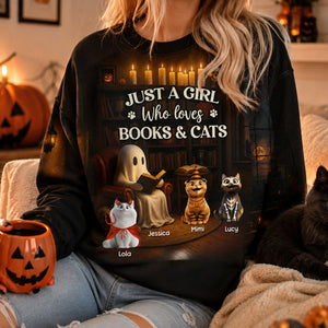 Just a Girl Who Loves Books and Cats Halloween Personalized Sweatshirt, Cozy Fall Sweatshirt for Cat Moms