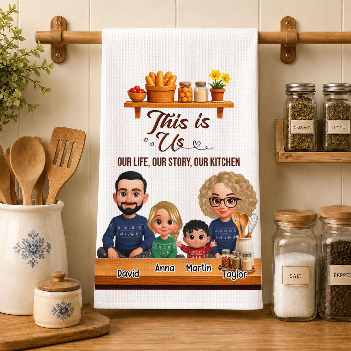 Our Life Our Story Our Kitchen - Personalized Name Waffle Weave Kitchen Towel, Housewarming Gift