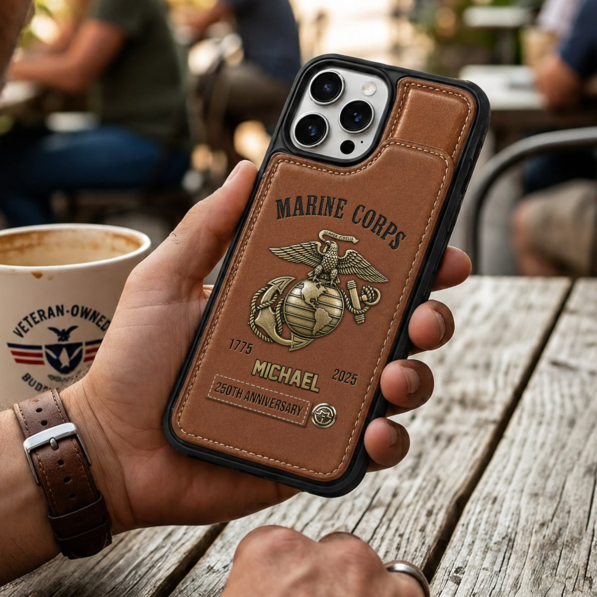 Personalized USMC 250th Anniversary Leather Wallet Phone Case