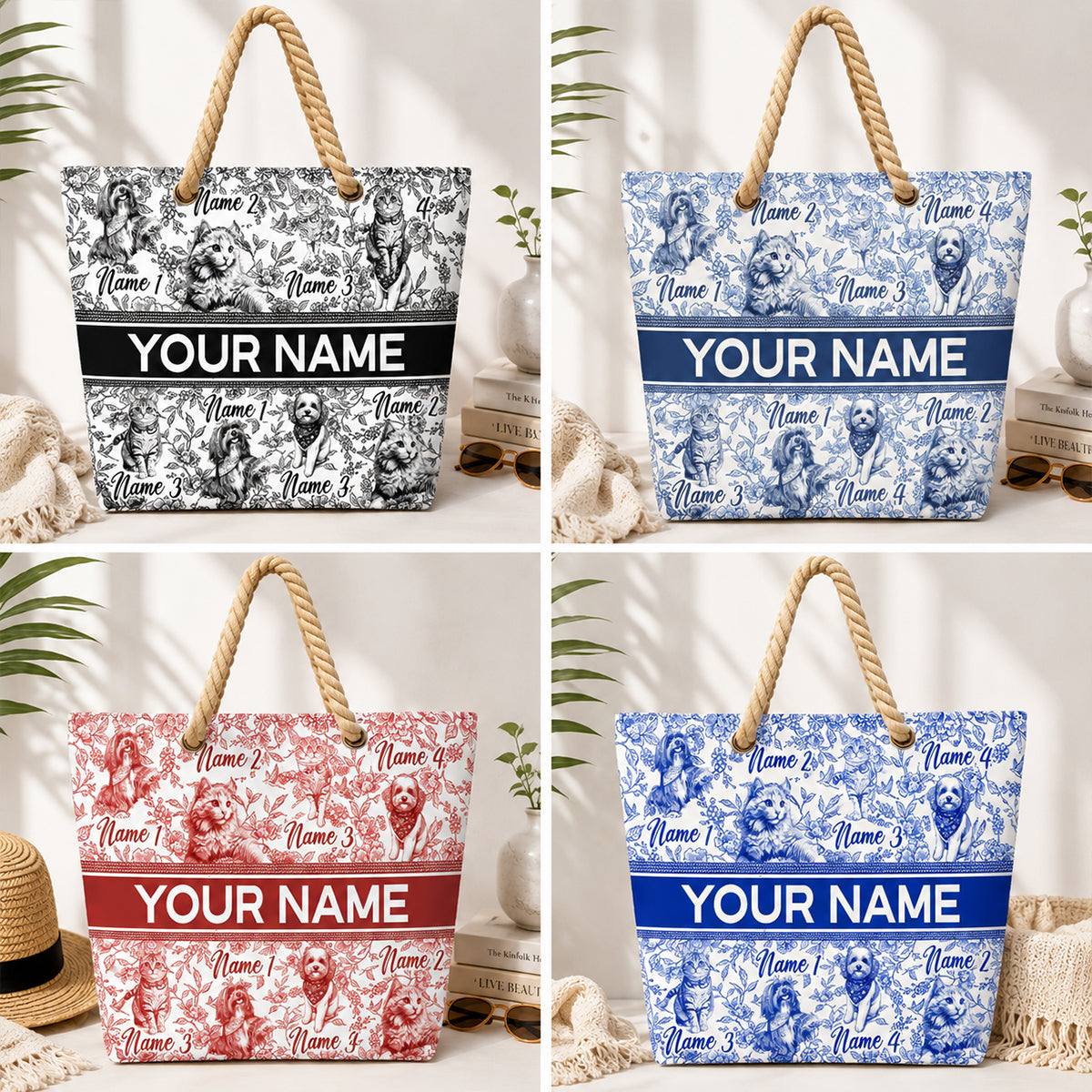 Chinoiserie Toile Dog Mom Cat Mom - Personalized Beach Bag
