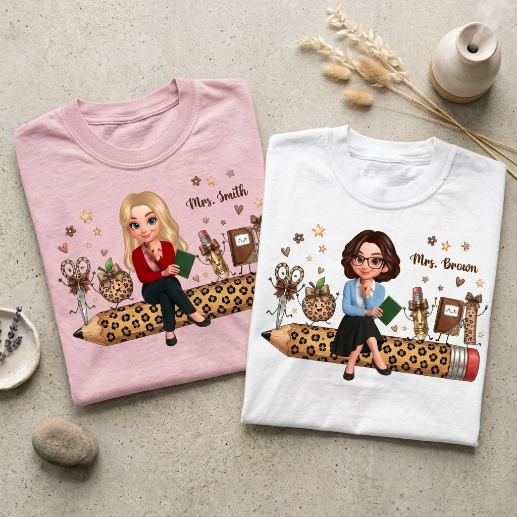 Leopard Pattern School Suppliers Happy Teacher - Personalized Apparel - Gift F0r Teacher, Back To School