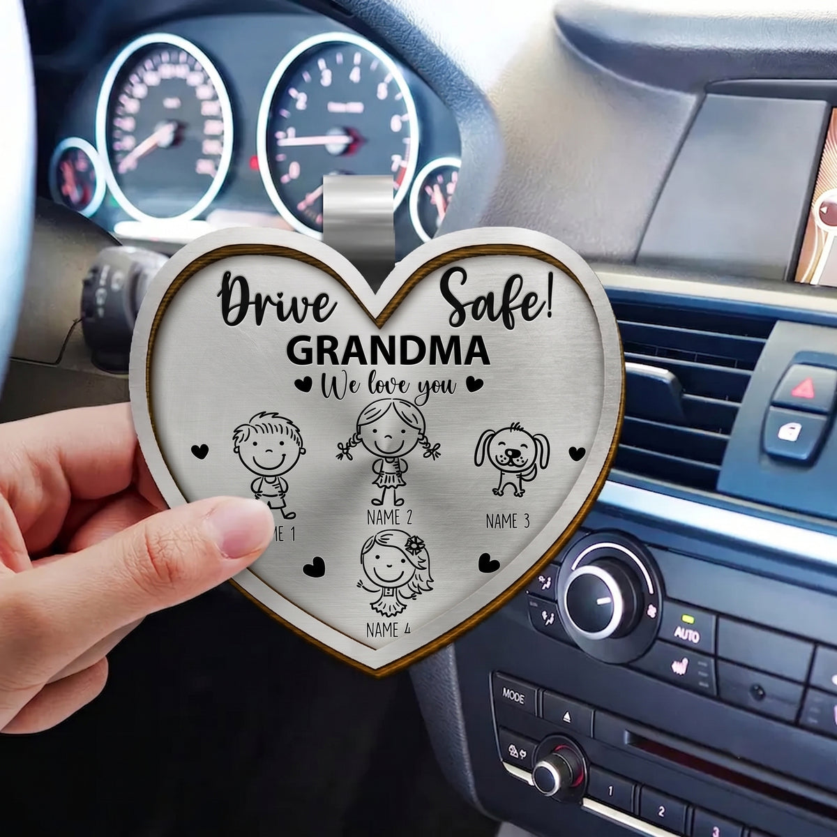 Drive Safe Daddy Kid Stick Figures Heart Shaped - Personalized Custom Shaped Car Visor Clip