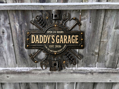 Dad's Garage I Can Fix Anything - Personalized Round Wood Sign