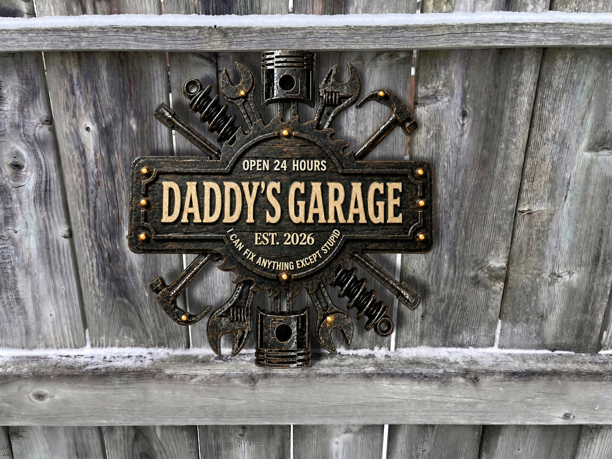 Dad's Garage I Can Fix Anything - Personalized Round Wood Sign