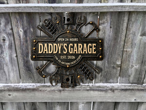 Dad's Garage I Can Fix Anything - Personalized Round Wood Sign