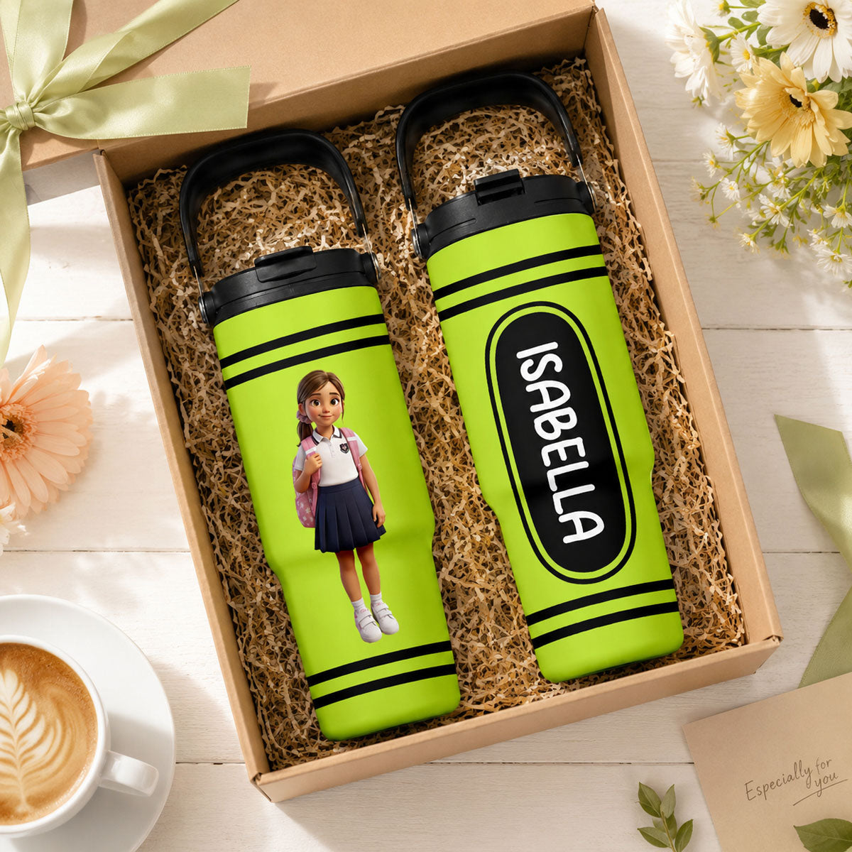 Custom Photo Cartoon Portrait Kid With Colorful Crayons - Personalized Insulated Water Bottle