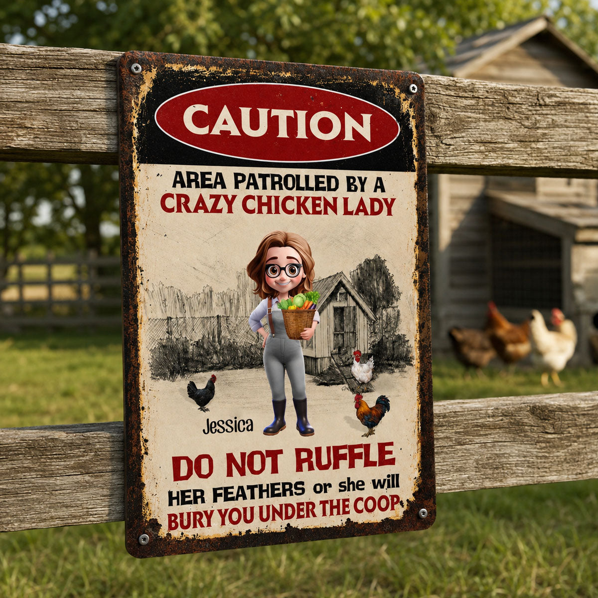 Area Patrolled By A Crazy Chicken Lady, Personalized Metal Sign, Gift For Chicken Lovers
