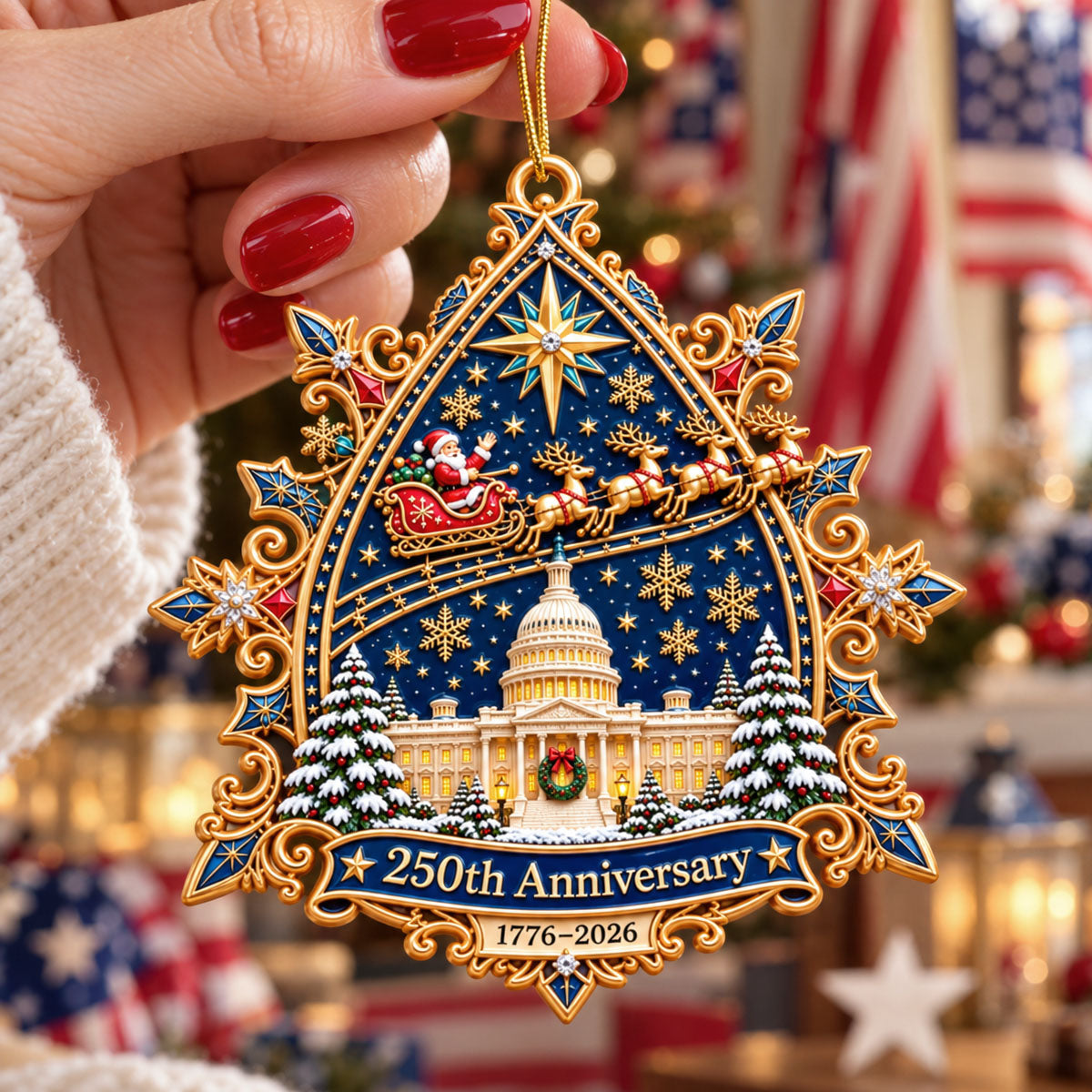 250Th Anniversary Santa Flying Over - Realistic 3D Ornament