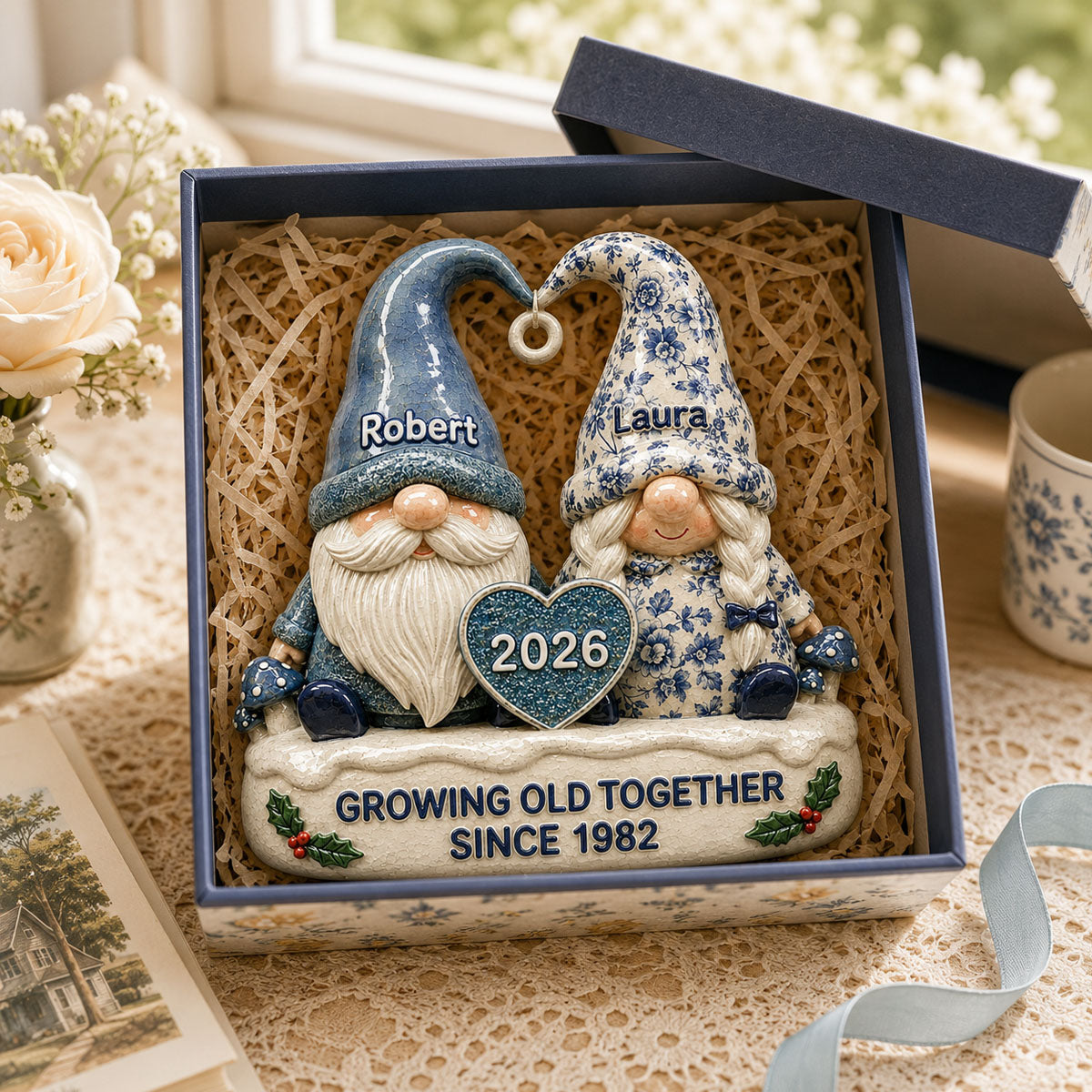 Vintage Floral Toile De Jouy Pattern Gnome Couple - Real 3D Raised Ornament