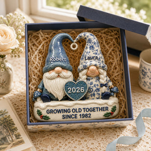 Vintage Floral Toile De Jouy Pattern Gnome Couple - Real 3D Raised Ornament
