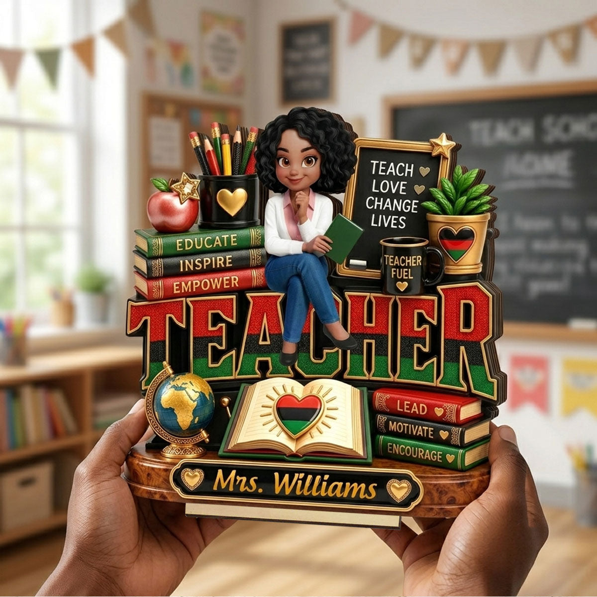 Teach Love Changes Life - Personalized Wooden Plaque - African American Teacher Appreciation Gift