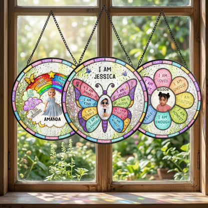 Custom Photo I Am Smart Kind Brave Butterfly Flower Rainbow - Personalized Stained Glass Window Hanging Suncatcher