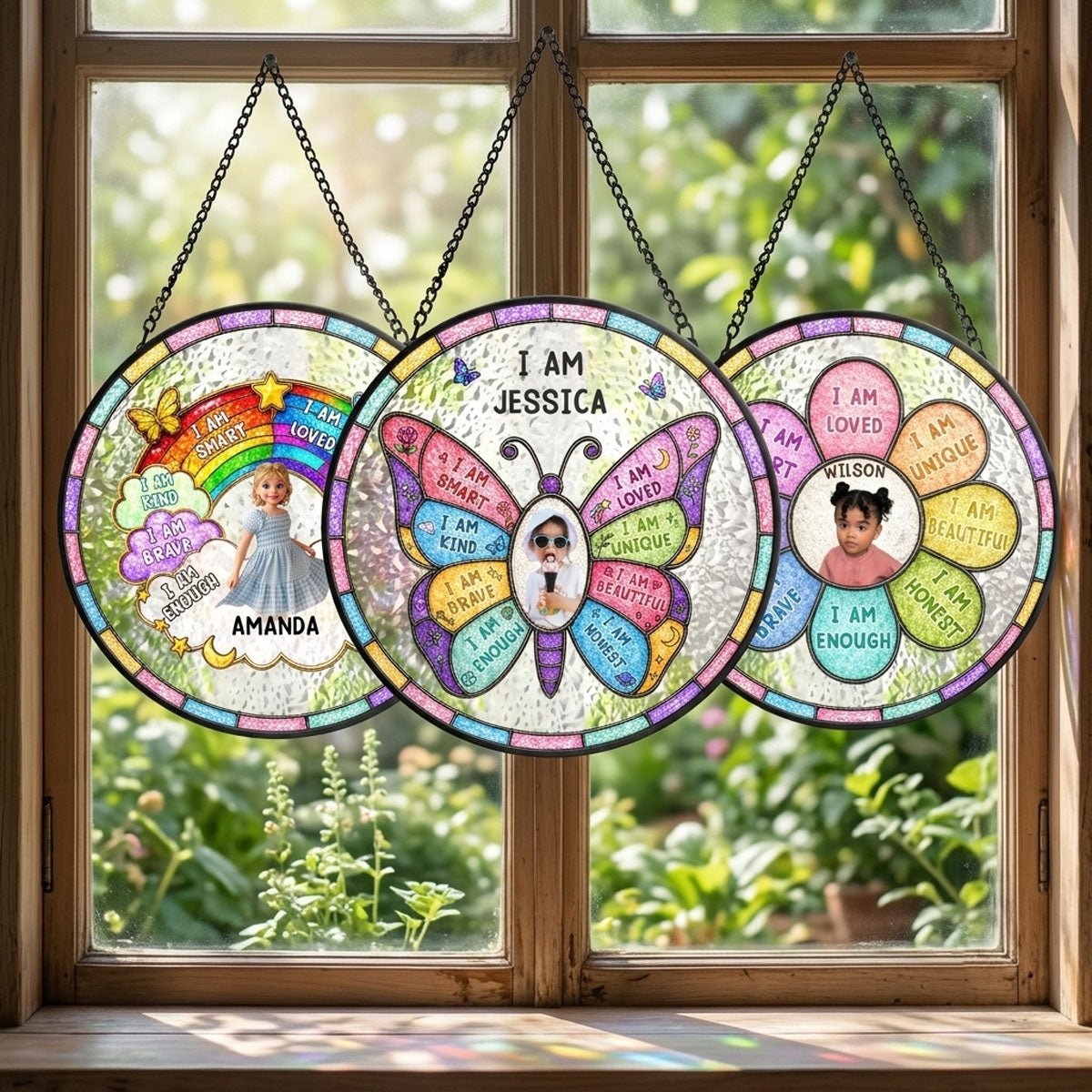 Custom Photo I Am Smart Kind Brave Butterfly Flower Rainbow - Personalized Stained Glass Window Hanging Suncatcher