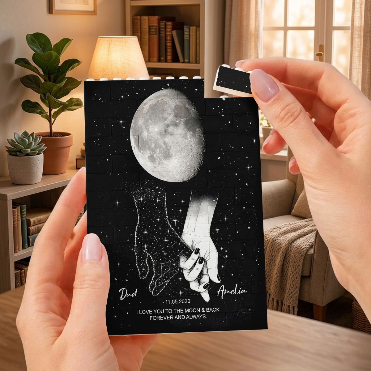 Holding Hands Moon Phase Galaxy Art - Personalized Brick Block