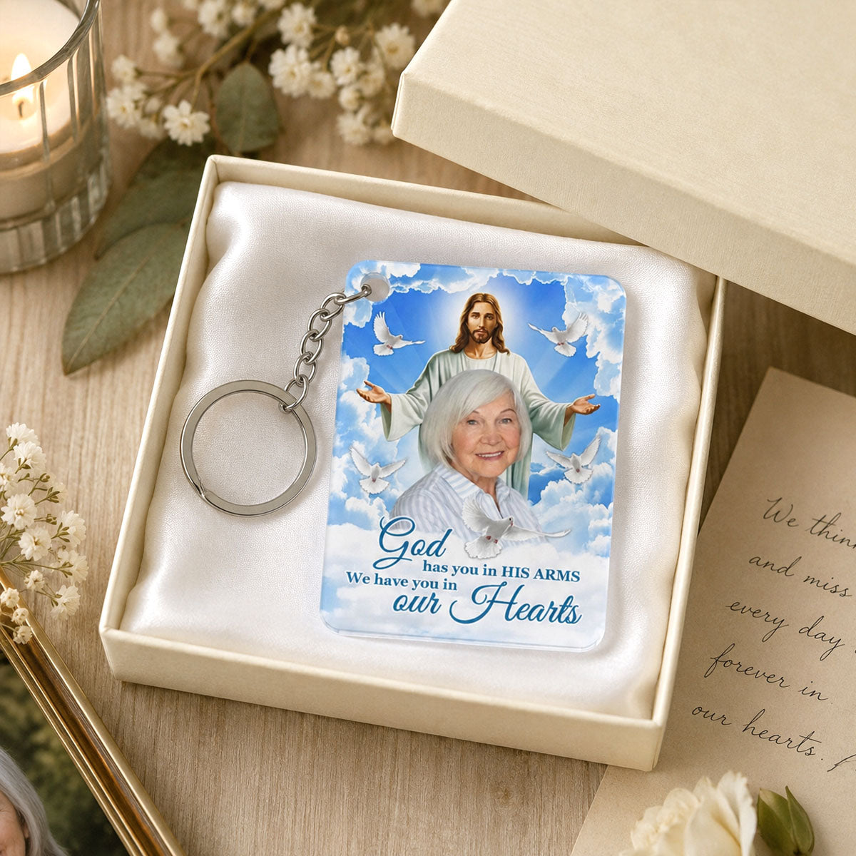 God Has You In His Arms Sky Memorial Sympathy Gift Remembrance Keepsake Photo Inserted Personalized Acrylic Keychain
