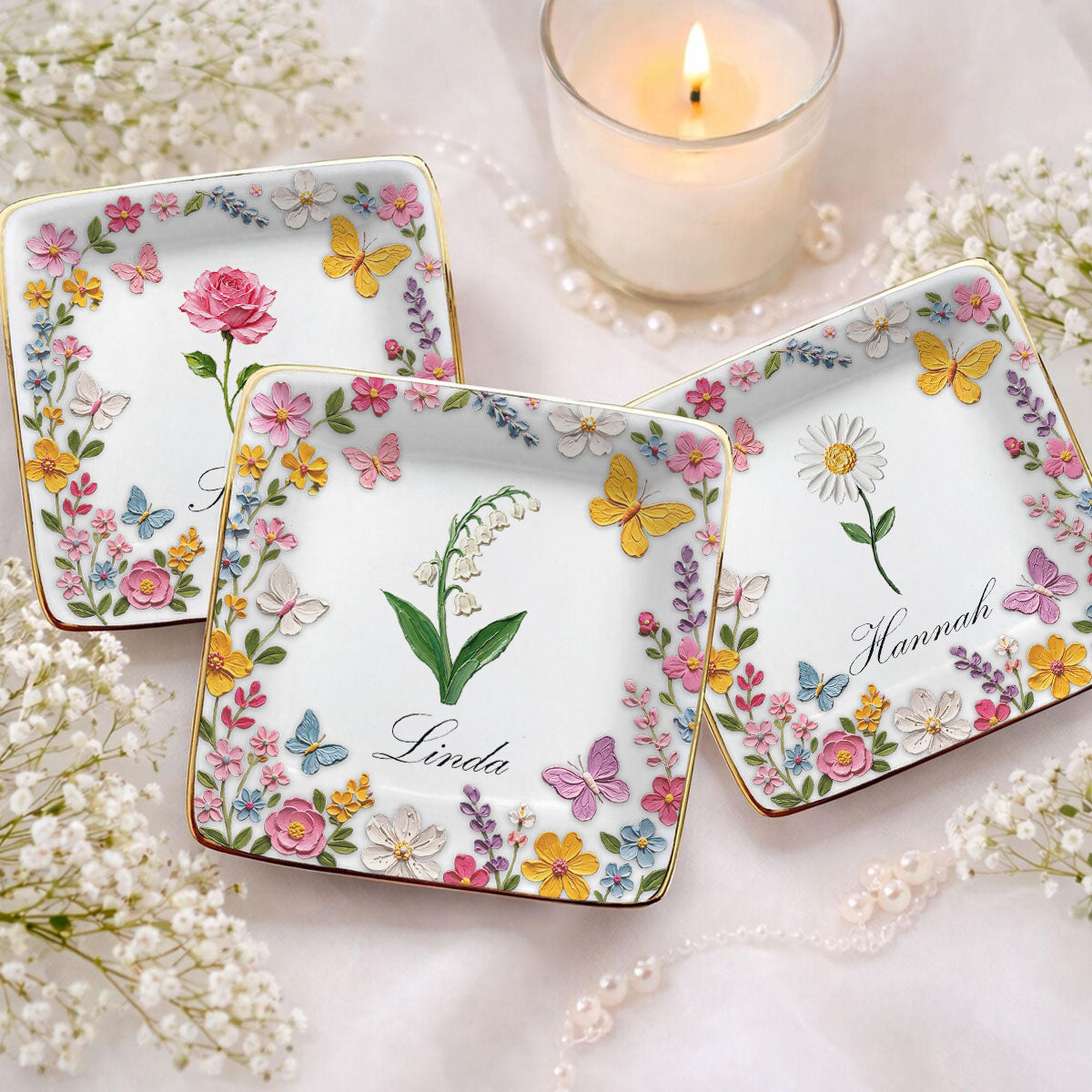 Garden Of Birth Month Flowers, Personalized Ceramic Jewelry Plate, Gift For Mom