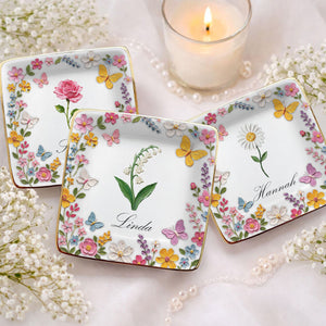 Garden Of Birth Month Flowers, Personalized Ceramic Jewelry Plate, Gift For Mom