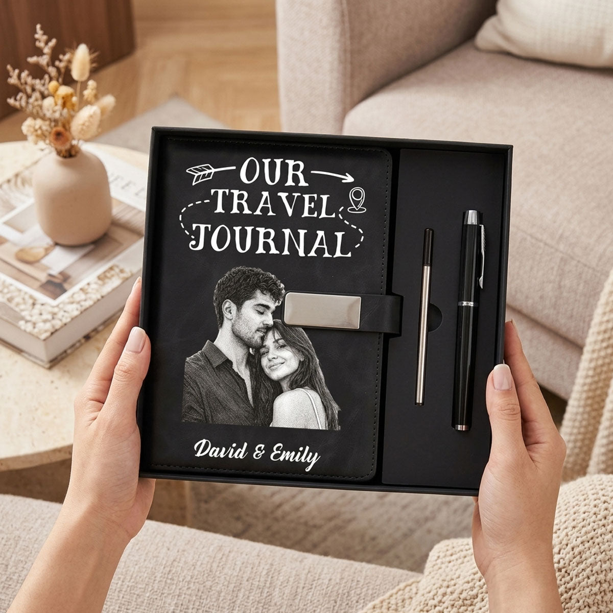 Custom Photo Bold Sketch All My Travel Crap Woman Man Portrait - Personalized Leather Notebook Pen Set