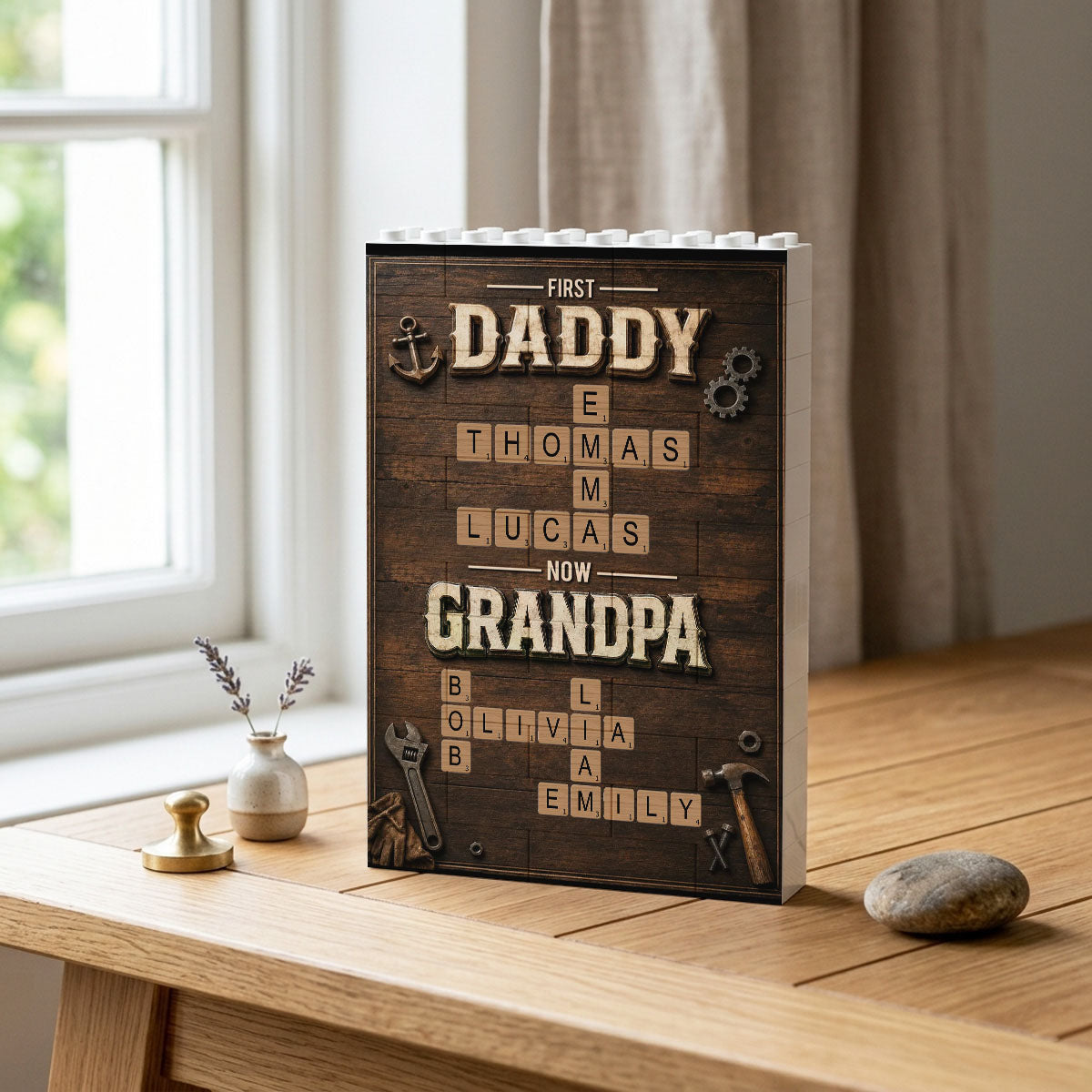 First Dad Now Grandpa Crossword Puzzle Art - Personalized Shaped Building Brick Blocks