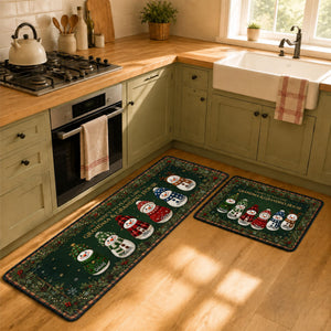 Cozy Snowman Family Runner Rug, Personalized Holiday Kitchen Mat, Home Xmas Gift