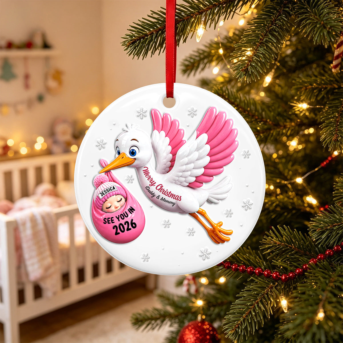 Baby Expecting Stork See You In Baby’s First Christmas - Family Ornament - Real 3D Raised Ornament