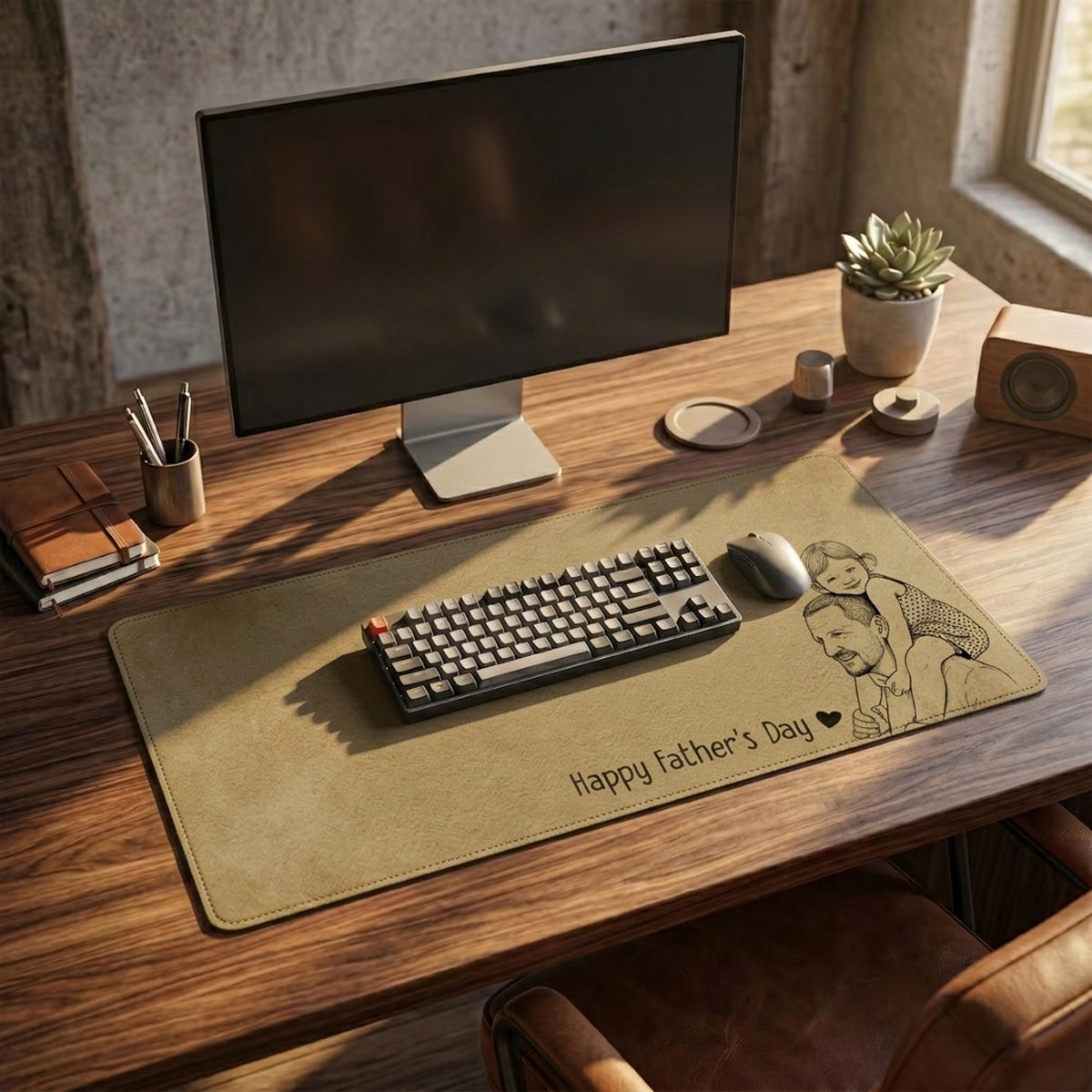 Personalized Leather Desk Mat from Photo, Custom Line Art Mouse Pad for Dad, Father s Day Gift for Husband, Daddy Picture Desk Pad Mouse Mat