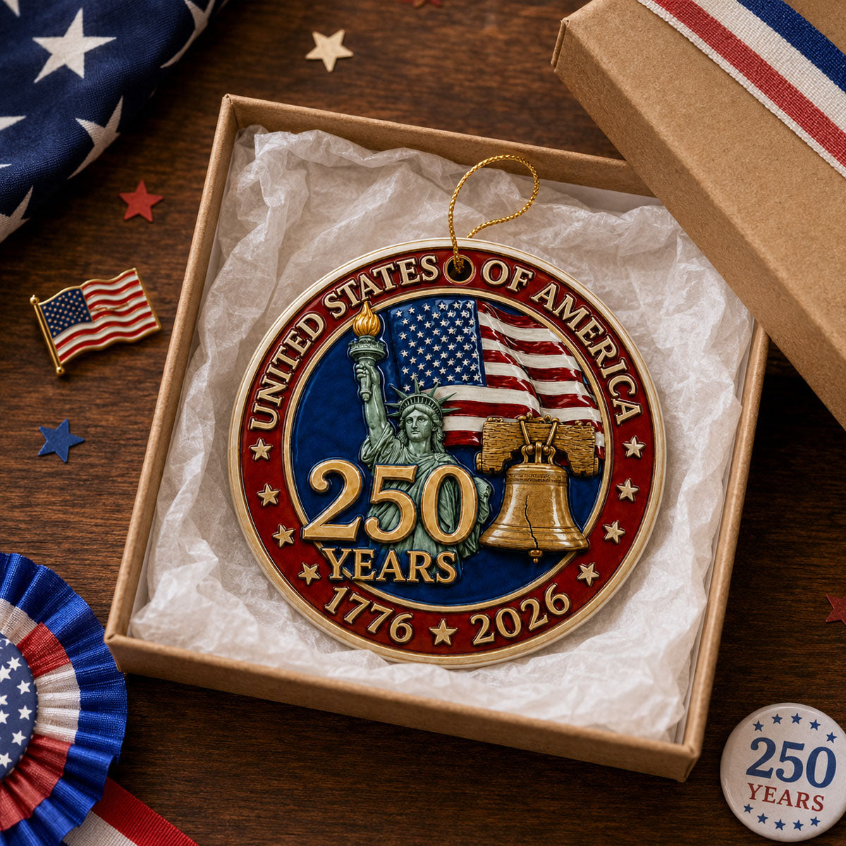 United States 250 Years 1776 - 2026 - Proud American Ornament - Real 3D Raised Ornament